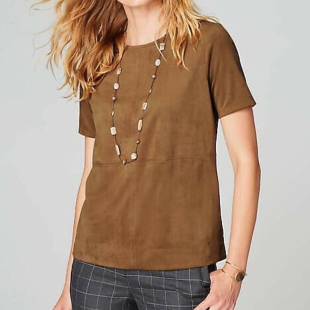 J Jill | Faux Suede Crewneck Top Womens XS Acorn Brown Short Sleeves Stretch